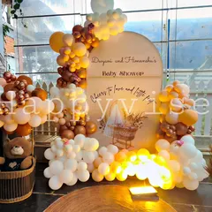 This teddy bear themed baby shower decor shows my creative and playful side. The setup includes a custom backdrop, a warm-toned balloon arch, and cute details perfect for celebrating the parents-to-be.