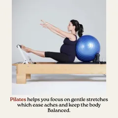 Here, a client is performing a gentle stretch on the reformer, supported by a stability ball. This move helps ease backaches and keeps the body balanced and aligned as it changes.