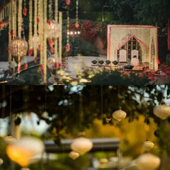 A collage showing the wedding stage and hanging lanterns, capturing the romantic and ethereal ambiance of the venue's decor.