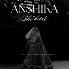 A dramatic and evocative black and white bridal portrait. The bride, veiled and mysterious, is presented like a work of art, with the text overlay adding a storytelling element.