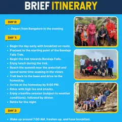 A detailed itinerary for the Bandaje Falls trek, showing the plan from departure in Bangalore to the return journey.