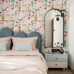 A glimpse into a vibrant kid's room where I used a playful flamingo wallpaper as the main feature. The design balances fun aesthetics with functional elements like a custom headboard and bespoke side tables, creating a space that is both cheerful and practical.