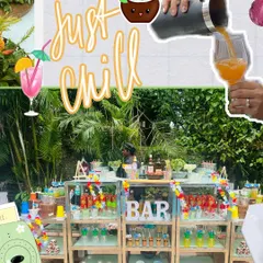 A collage showcasing the vibrant bar and drink service at a poolside party. I set up a fully equipped bar with professional bartenders shaking and pouring a variety of colorful cocktails and mocktails to keep guests refreshed.