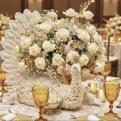 An exquisite peacock-shaped centerpiece crafted from delicate white baby's breath, pearls, and fresh white roses. This piece of art sits on an elegant table setting with gold-rimmed plates and amber goblets, defining understated luxury and intricate craftsmanship.