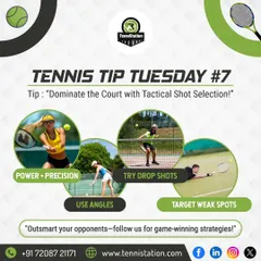 Tennis Tip: Dominate the court with tactical shot selection. Combine power with precision, use angles to open up the court, and target your opponent's weak spots to play smarter.