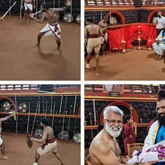 A collage showcasing the raw power and discipline of Kalaripayattu, the ancient martial art of Kerala, which our participants witnessed during our retreat.
