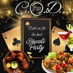 Book us to host the best Diwali party. This graphic showcases some of our popular festive dishes like chicken tandoori and paneer tikka, perfect for a card party or family gathering during the festival of lights.