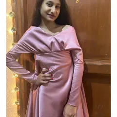 A chic and modern party dress in a dusty pink satin. The off-shoulder, draped neckline is a very elegant detail.