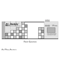 The front elevation drawing for the Realply '23 exhibition stall. This technical drawing illustrates the intended composition of the facade, including the multi-layered veneer display and branding placement.