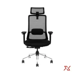 A front view of our new ergonomic office chair, featuring an adjustable headrest and lumbar support. This chair is designed for long hours of work, promoting good posture and reducing fatigue.