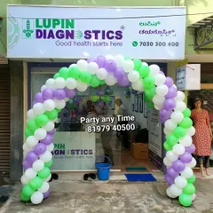A balloon arch in purple, green, and white for the grand opening of Lupin Diagnostics.