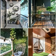 A collection of modern balcony ideas. This gallery shows concepts like a minimalist setup with geometric tiles, an industrial-style dining area, and two different cozy nooks featuring popular swing chairs.