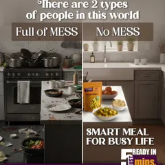 This image shows the choice you have: a kitchen full of mess, or a smart meal ready in 5 minutes. My food is for busy people who want to eat well without the cleanup.