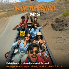 The ride back to Manali via the Atal Tunnel after an epic trip. This shot from the top of the traveller captures the feeling of heading home with a head full of memories from the bumpy roads and epic views.