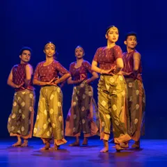 A moment of perfect synchronization from our 'Rasadrishta' production. Our group performances focus on cohesive storytelling, bringing ancient emotions to life on the modern stage through classical dance.
