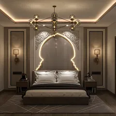 Here, I've blended modern elegance with timeless Islamic architecture. The headboard features a glowing arch silhouette, a contemporary take on a classic design element. The result is a serene and culturally rich bedroom sanctuary.