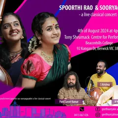 Taking my music to new shores is always exciting. This poster announces a live classical duet concert in Melbourne, Australia, where I shared the stage with the talented Sooryagayathri and a team of amazing senior artists.