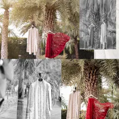 An artistic collage of the bride and groom's wedding outfits hanging from a palm tree, a creative detail shot for a destination wedding.