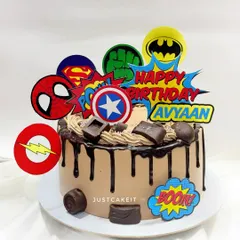 An action-packed Avengers cake that's completely fondant-free. This chocolate truffle cake uses a rich chocolate drip and vibrant character logos to assemble Earth's mightiest heroes.