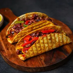 Two grilled tacos filled with beans and peppers, presented on a rustic wooden board with a side of dip.