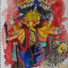A detailed watercolour painting of a multi-armed Ganesha idol against a vibrant red background. This was sketched live at the Maladcha Raja pandal, capturing the divine energy of the deity.