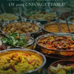 I am ready to make your celebrations unforgettable. This image displays a rich buffet with multiple Indian curries and dishes, perfect for parties, birthdays, and corporate events.