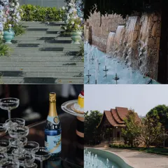 A collage of atmospheric details from a wedding venue, including a floral archway, a champagne tower, and serene water features.