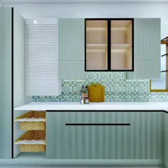 Here you can see the thoughtful details, like the open wicker basket storage for vegetables and the pull-down shutter for appliances, keeping the countertops clutter-free.