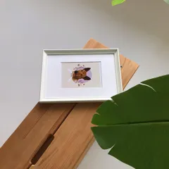 This framed portrait of Chiku is displayed in my studio. The simple white frame is versatile and fits well with the minimal, nature-inspired decor.