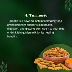 Turmeric is a powerful anti-inflammatory and antioxidant. It supports joint health, digestion, and glowing skin. Adding it to your diet or drinking it in golden milk is an easy way to get its benefits.
