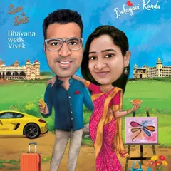 A 'Save the Date' caricature featuring the Mysore Palace and Belagavi Kunda, blending the couple's heritage with their modern love story.