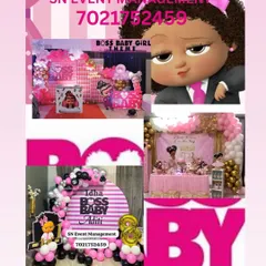 I also offer a 'Boss Baby Girl' theme for a fun and sassy party. These decorations use a pink, black, and white color scheme with themed backdrops and props to celebrate your little boss.