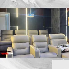 This is your own private miniplex. This image captures a dedicated home cinema we built, featuring plush leather recliners, a massive 120 inch screen, and a complete KEF and SVS surround sound system. We handle everything from the acoustic paneling to the final calibration.