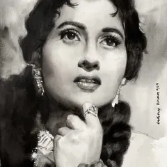 Brushstrokes of nostalgia. This monochrome demonstration captures the timeless beauty of Madhubala, focusing on the soft transitions of light and shadow that defined her iconic look.