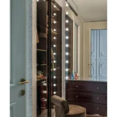 The queen's walk-in closet, complete with green room bulbs for perfect lighting. This space was designed based on an exact count of the client's outfits, with dedicated sections for sarees, gowns, and more.