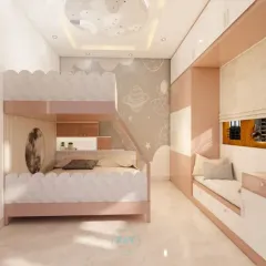 A whimsical kids' room with a bunk bed, a cozy window seat, and a study desk. The pink and white color scheme and space-themed wallpaper create a magical atmosphere.