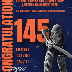 A massive performance from our U-16 player Arjun Gadoya, scoring a sensational 145 in the MCA Kalpesh Koli selection tournament. We train our players to not just score runs, but to build big, match-winning innings under pressure.