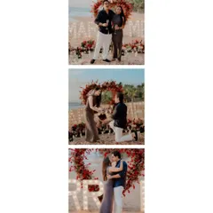 A vertical story of the proposal moment. This series shows the progression from the question to the joyful acceptance and the first celebratory toast, all set against a romantic beach backdrop with custom 'MARRY ME' lighting.