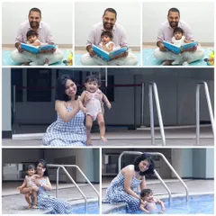 This collage shows a day in the life: dad handling story time while mom takes care of playtime. It’s a perfect example of how I capture different family dynamics in one session.