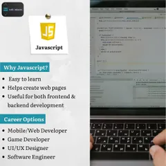 This graphic explains the benefits of learning JavaScript, the language of the web. It's essential for both frontend and backend development and opens up careers in web, mobile, and game development.
