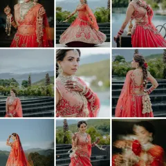 This collage is a celebration of the bride. It showcases her in her beautiful red lehenga from multiple angles against the scenic Dehradun backdrop, capturing her elegance, joy, and the details of her bridal look.