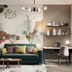 A multipurpose room concept featuring a sofa bed and a compact desk. The artistic wall mural and modern furniture create a stylish space that can serve as a guest room or a home office.