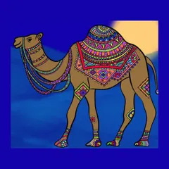 A full-body view of the decorated camel, showing the complete composition of patterns from head to toe.