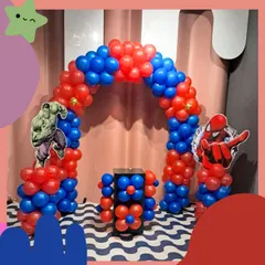 Get ready for action with our Spiderman and Hulk themed balloon arch. The bright red and blue colors create a dynamic entrance for a truly heroic birthday party.