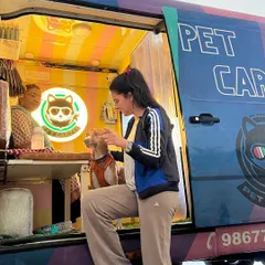 We're thrilled when celebrity pet parents like actress Shruti Seth trust us with their furry family members. Here she is with her dog Mo, right at our mobile grooming station.