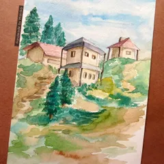 A watercolor scene of houses on a hill, surrounded by pine trees. I use soft washes of color to create a sense of peace and nostalgia, capturing the simple beauty of life in the mountains.