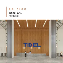 The reception area rendering for TIDEL Park, where wood-paneled walls and a patterned ceiling inspired by local motifs create a welcoming entrance. The design fuses cultural heritage with cutting-edge technology.