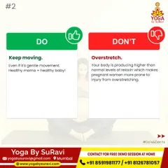 A key tip for prenatal yoga: keep moving with gentle exercises, but avoid overstretching, as the body produces more relaxin during pregnancy.