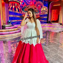 Chaitra Vasudevan looking like a princess on the sets of Comedy Kiladigalu in a custom white and pink gown.