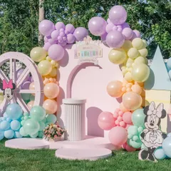 Welcome to "Anayaland". This pastel Disney-themed first birthday features a custom-arched backdrop, a soft rainbow balloon garland, and character cutouts, creating a magical world for the birthday girl and her little guests.